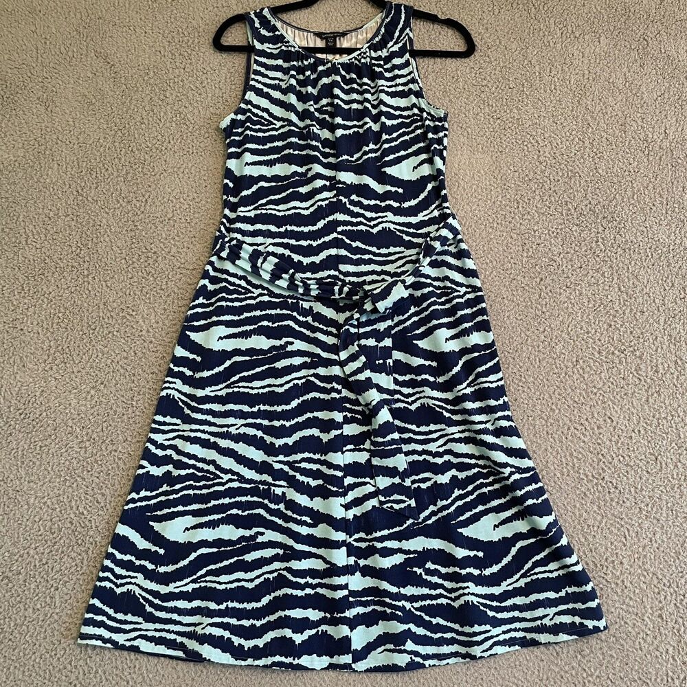 Lands' End S (6-8) Blue Aqua Stripe Midi Dress Keyhole Belt Jersey knit Animal
